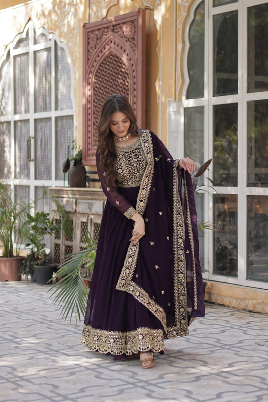 Function Wear Heavy Embroidery Work Wine Color Gown