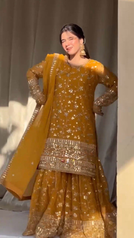 Festive Wear Yellow Color Sequence Work Sharara Suit