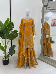 Festive Wear Yellow Color Sequence Work Sharara Suit