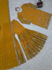 Festive Wear Yellow Color Sequence Work Sharara Suit