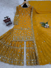 Festive Wear Yellow Color Sequence Work Sharara Suit
