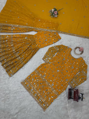 Festive Wear Yellow Color Sequence Work Sharara Suit