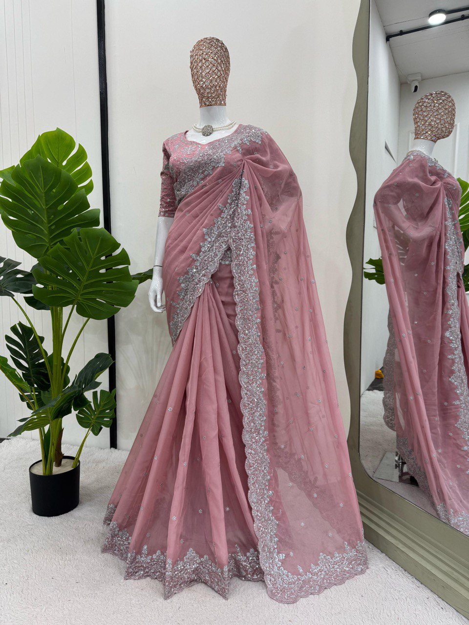 Wedding Thread & Sequence Work Light Pink Color Saree