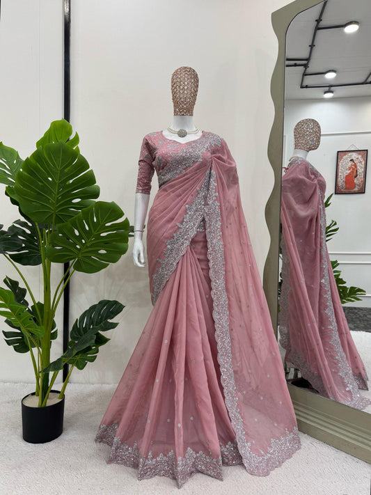 Wedding Thread & Sequence Work Light Pink Color Saree