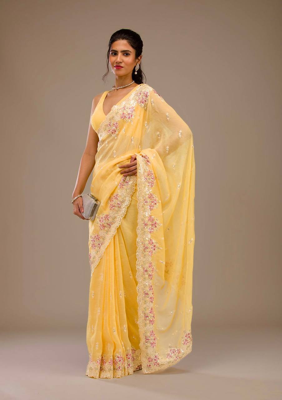 Yellow Color Wedding Wear Embroidery Work Saree
