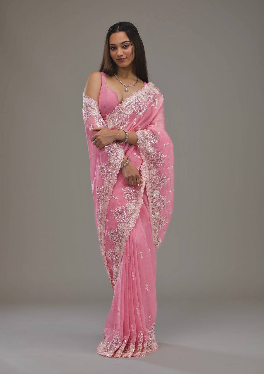 Pink Color Wedding Wear Embroidery Work Saree