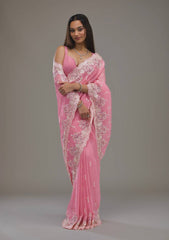 Pink Color Wedding Wear Embroidery Work Saree