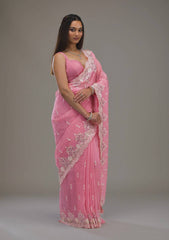 Pink Color Wedding Wear Embroidery Work Saree