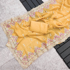 Yellow Color Wedding Wear Embroidery Work Saree