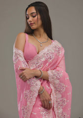 Pink Color Wedding Wear Embroidery Work Saree