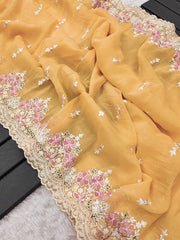 Yellow Color Wedding Wear Embroidery Work Saree