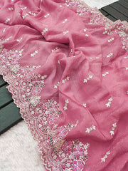Pink Color Wedding Wear Embroidery Work Saree