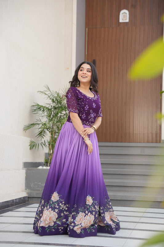 Flower Print Double Shade Lavender Color Gown