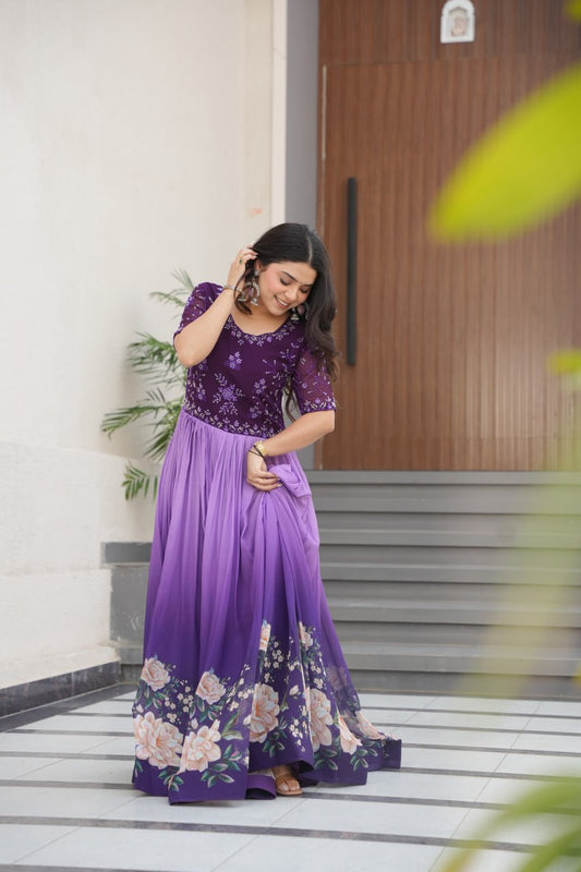 Flower Print Double Shade Lavender Color Gown
