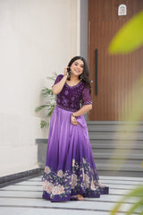 Flower Print Double Shade Lavender Color Gown