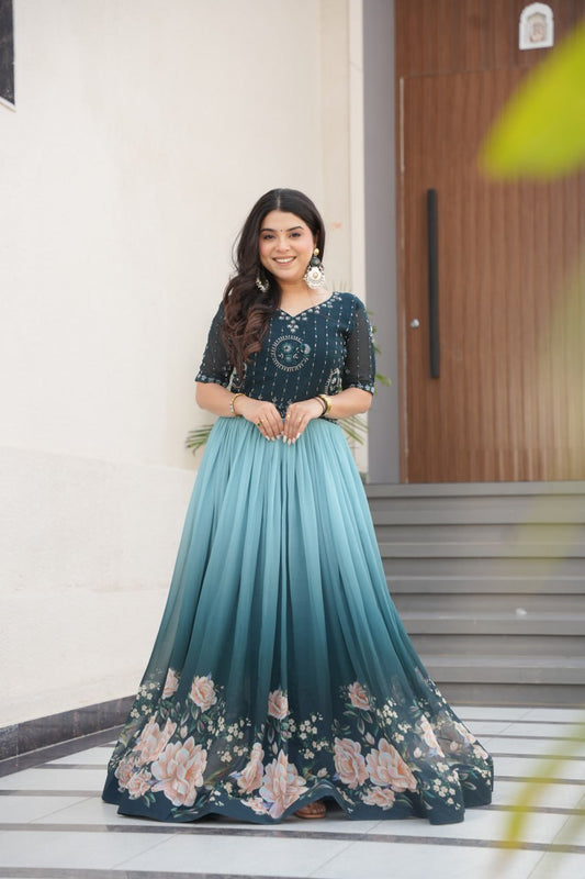 Flower Print Double Shade Blue Color Gown