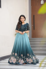 Flower Print Double Shade Blue Color Gown