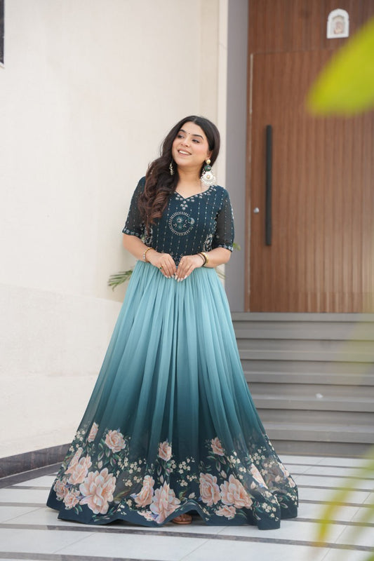 Flower Print Double Shade Blue Color Gown