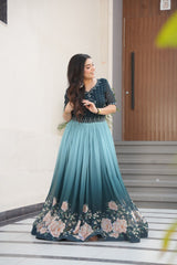 Flower Print Double Shade Blue Color Gown