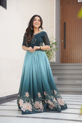 Flower Print Double Shade Blue Color Gown