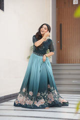 Flower Print Double Shade Blue Color Gown