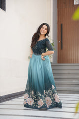 Flower Print Double Shade Blue Color Gown
