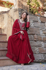 Festive Wear Fancy Neck Work Red Color Gown