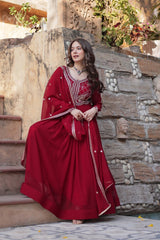 Festive Wear Fancy Neck Work Red Color Gown