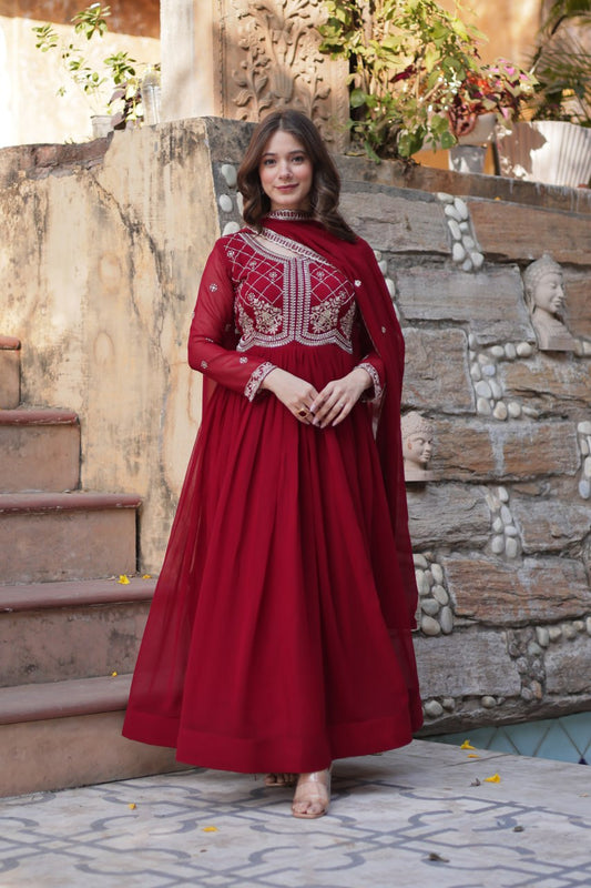 Festive Wear Fancy Neck Work Red Color Gown