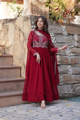 Festive Wear Fancy Neck Work Red Color Gown