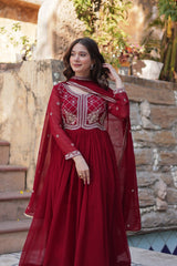 Festive Wear Fancy Neck Work Red Color Gown