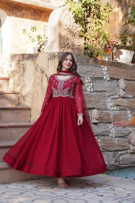 Festive Wear Fancy Neck Work Red Color Gown
