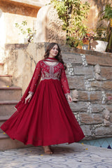 Festive Wear Fancy Neck Work Red Color Gown