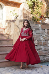 Festive Wear Fancy Neck Work Red Color Gown