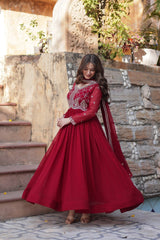 Festive Wear Fancy Neck Work Red Color Gown