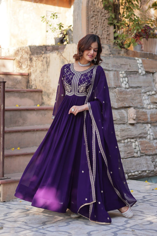 Festive Wear Fancy Neck Work Purple Color Gown