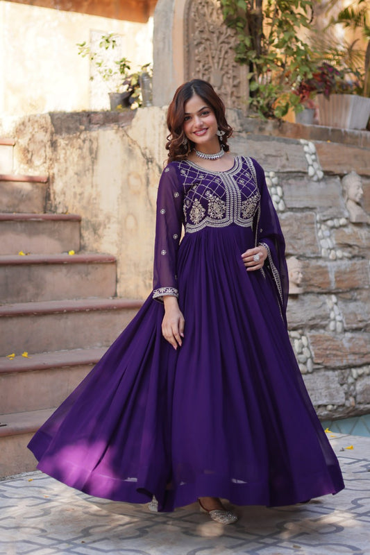 Festive Wear Fancy Neck Work Purple Color Gown