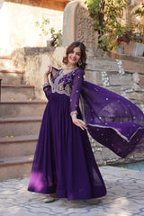 Festive Wear Fancy Neck Work Purple Color Gown