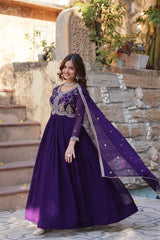 Festive Wear Fancy Neck Work Purple Color Gown