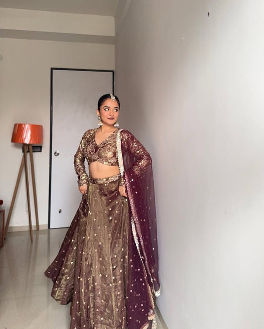 Ceremony Wear Sequence Work Beige Color Heavy Lehenga Choli