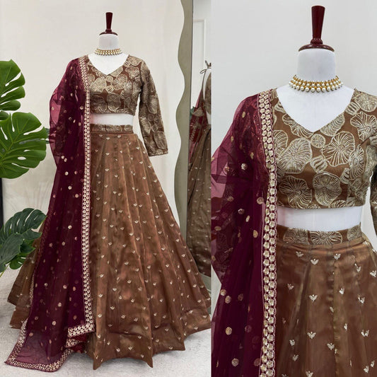 Ceremony Wear Sequence Work Beige Color Heavy Lehenga Choli