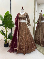 Ceremony Wear Sequence Work Beige Color Heavy Lehenga Choli