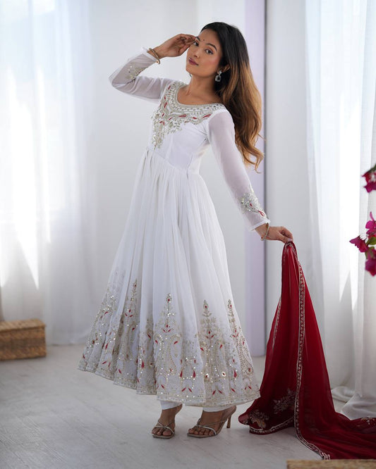White Color Multi Thread Work Gown With Red Dupatta