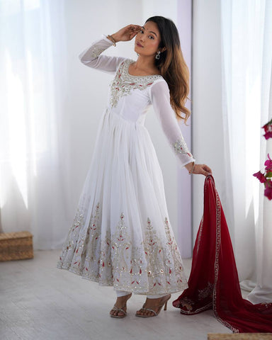 White Color Multi Thread Work Gown With Red Dupatta