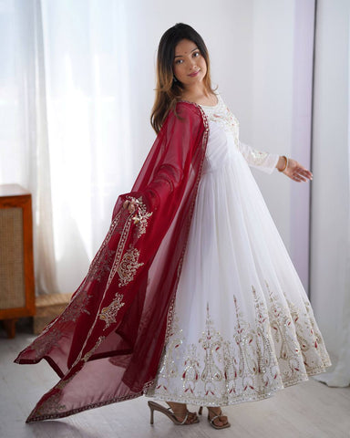 White Color Multi Thread Work Gown With Red Dupatta