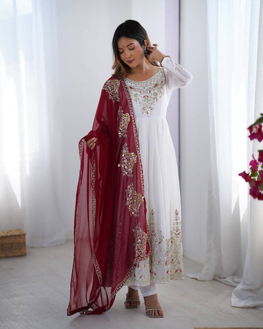 White Color Multi Thread Work Gown With Red Dupatta