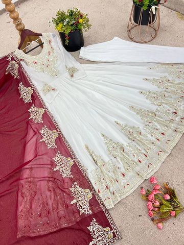 White Color Multi Thread Work Gown With Red Dupatta