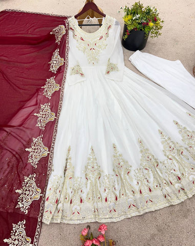White Color Multi Thread Work Gown With Red Dupatta