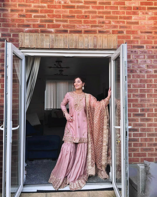 Fully Stitched Heavy Work Pink Color Sharara Suit
