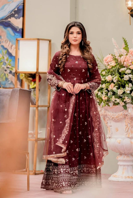 Decent Full Work Wine Color Long Gown